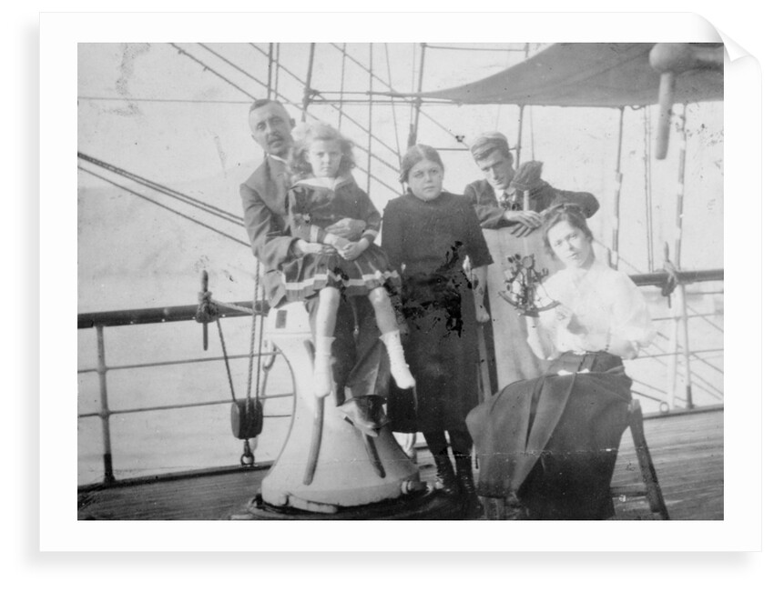 Group portrait including Mr Hill of the Seamen's Institution on deck, at Iquique, Chile by unknown