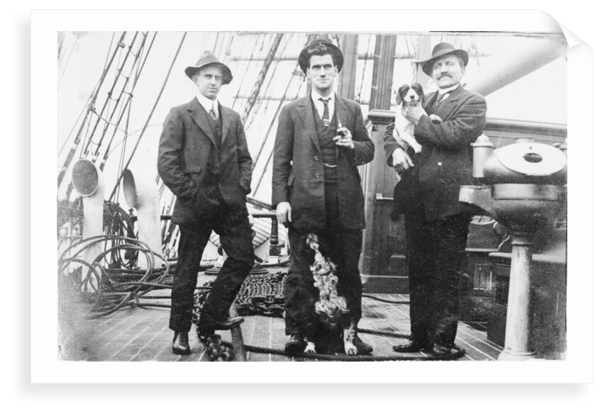 Second Officer, Captain H.J. Bray (with dog Ollie) and Chief Officer standing on deck, at Tacoma, USA by unknown