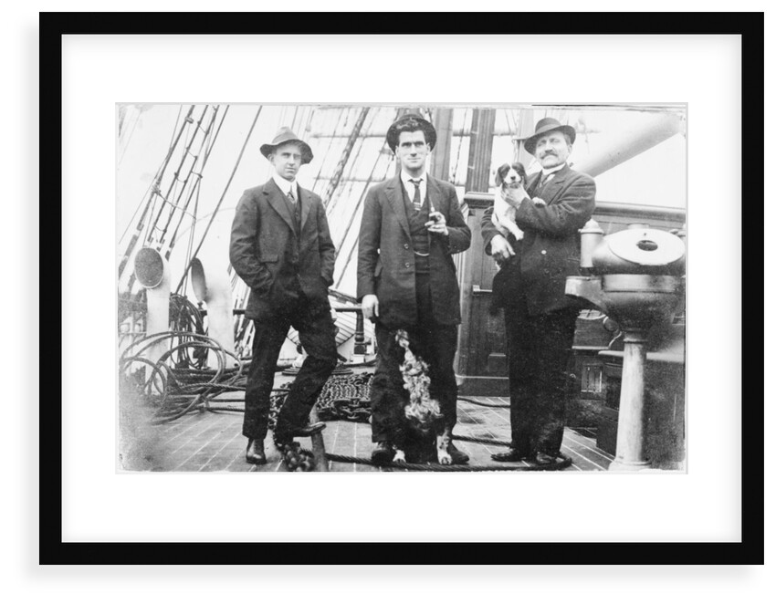 Second Officer, Captain H.J. Bray (with dog Ollie) and Chief Officer standing on deck, at Tacoma, USA by unknown