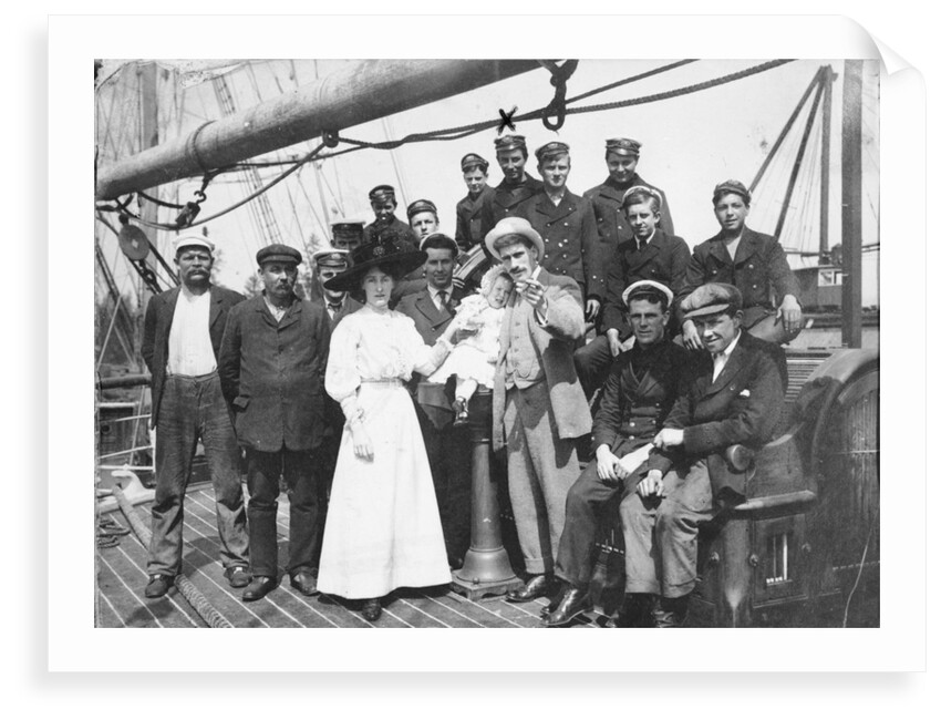 Group portrait with Captain H.J. Bray and family, also apprentices (including Owen Lloyd marked with an X) on deck, at Fraser River Mills, British Columbia, Canada by unknown