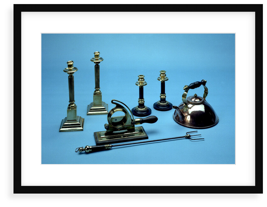Copper kettle, brass candlesticks, tobacco cutter, toasting fork by Albert Edward Jew