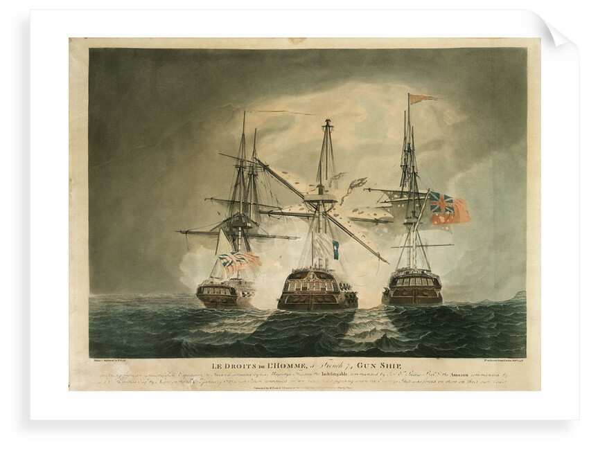 'Le Droits de L'Homme', a French 74 gun ship, ... attacked by his Majesty's frigates the 'Indefatigable' & the 'Amazon' on the 13th & 14th January 1797 by Robert Dodd