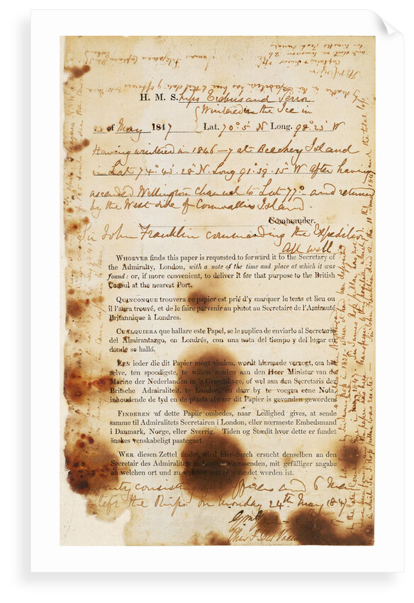 Message found by the McClintock Expedition near Point Victory, North-West Coast of King William Island, detailing the fate of the Franklin Expedition by unknown