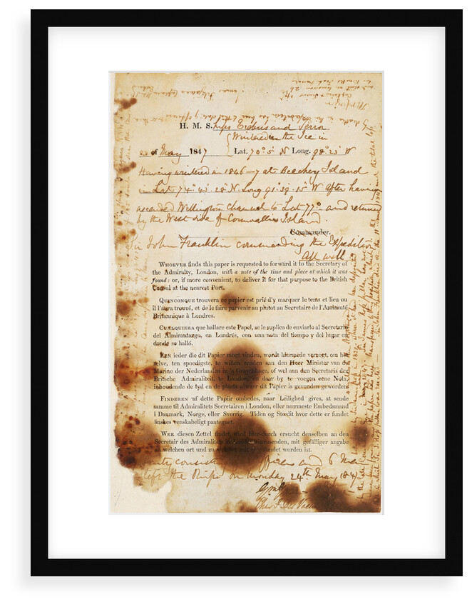 Message found by the McClintock Expedition near Point Victory, North-West Coast of King William Island, detailing the fate of the Franklin Expedition by unknown