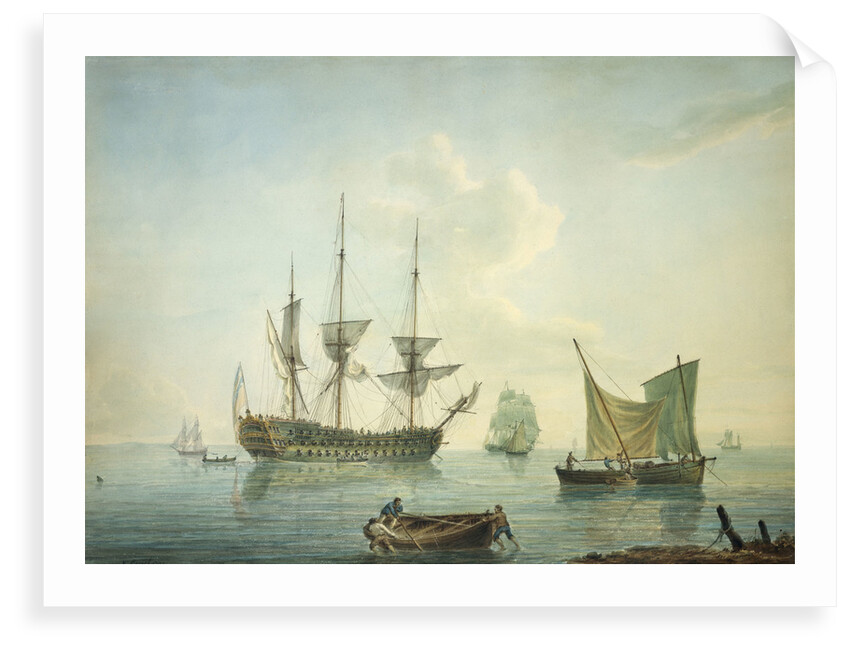 A third-rate, a frigate, a fishing lugger and other craft off shore in a calm by Nicholas Pocock