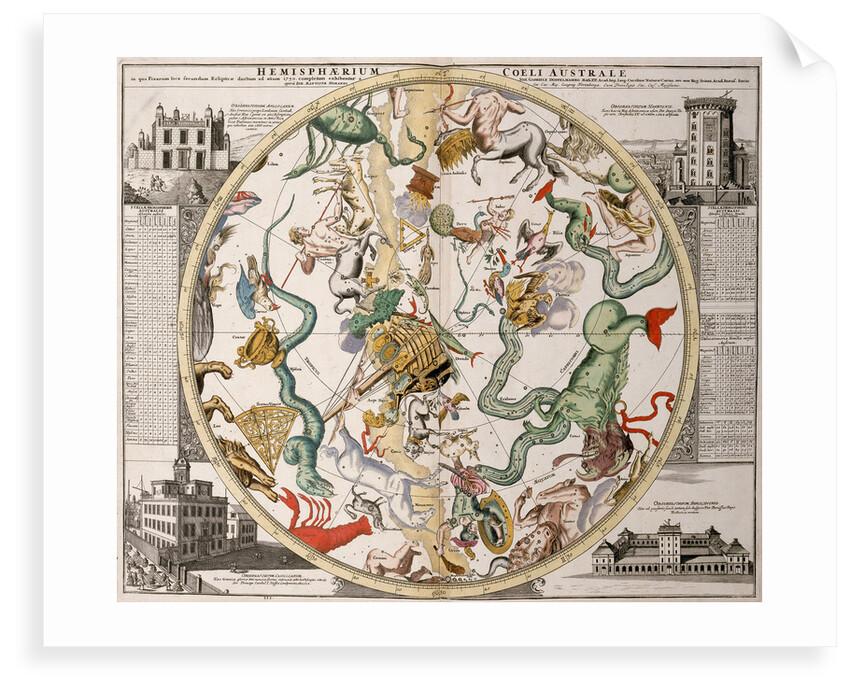 Part of a southern hemisphere star chart from Reiner Ottens's Atlas Maior (1730), with the Greenwich Observatory (left) and the Round Tower observatory in Copenhagen (right) by Reiner Otten