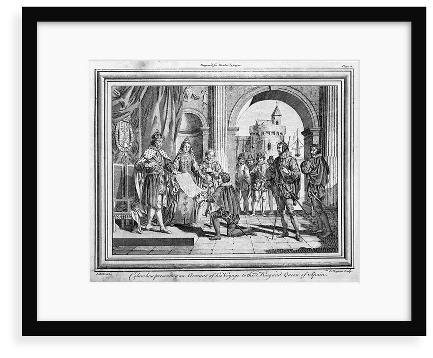 Columbus presenting an account of his voyage to the King and Queen of Spain. Engraved for Drake's Voyages. by Samuel Wale