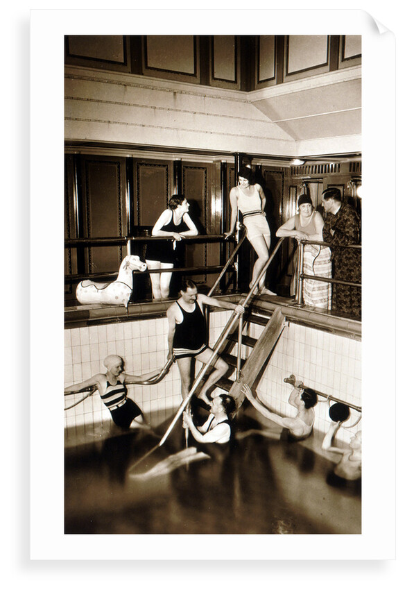 Passengers on aboard an unidentified cruise liner relax around the swimming pool in the very latest fashions by unknown
