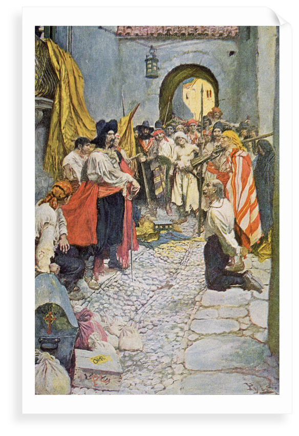 Pirates extort money from the citizens of a town by Howard Pyle