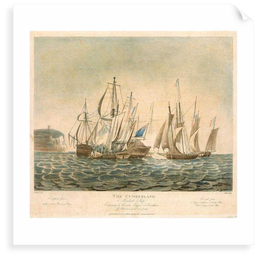 The Cumberland Merchant Ship engaging 4 French Lugger Privateers off Folkestone, on 13th Jany 1811 by George Ballisat