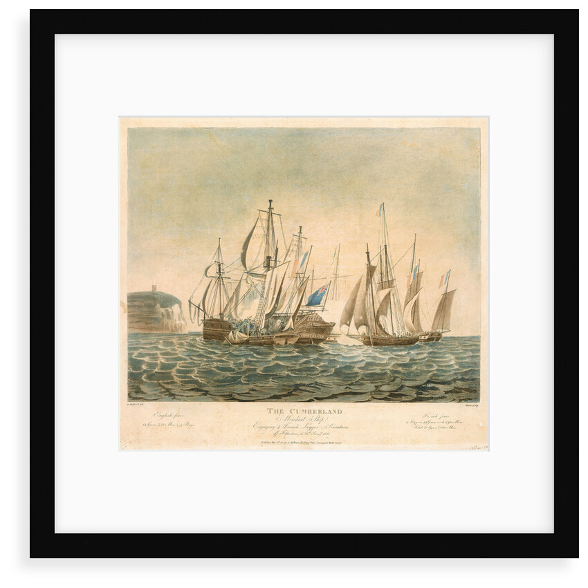 The Cumberland Merchant Ship engaging 4 French Lugger Privateers off Folkestone, on 13th Jany 1811 by George Ballisat