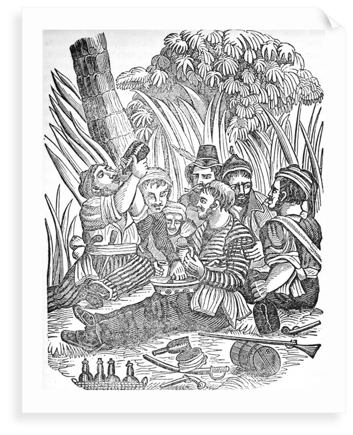 Bartholomew Roberts (1682-1722) or 'Black Bart''s pirate crew carouses at Old Calabar river in West Africa. by unknown