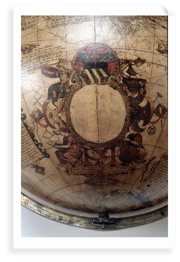Inscription below empty cartouche at a southern continent by Jodocus Hondius