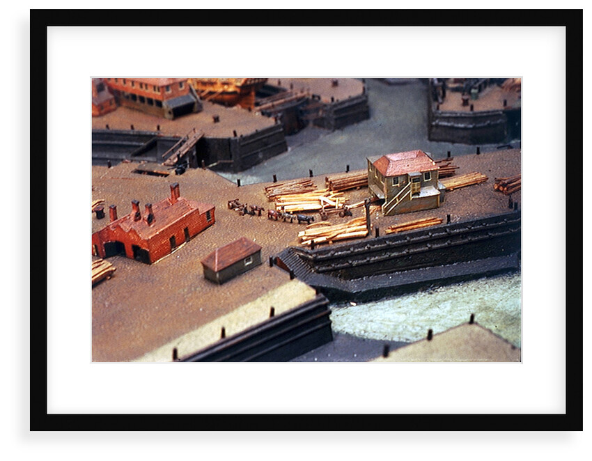 Topographic model, Royal Dockyards at Sheerness, detail showing log transportation by George Stockwell
