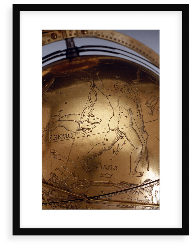 The dogs of Bootes, detail on celestial globe by Isaac Habrecht II
