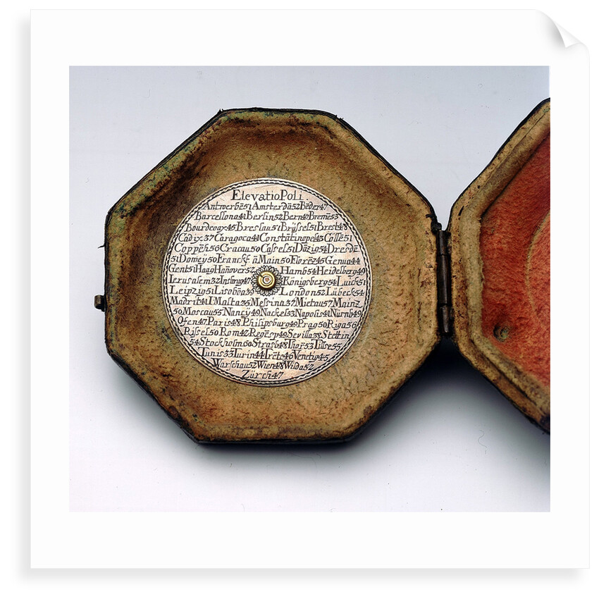 table of latitudes on inside of case of Augsburg dial by Johann Martin Willebrand