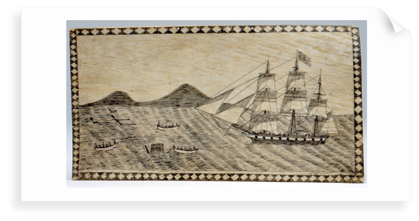 Scrimshaw wall picture, bone panel of whaling scene. by unknown