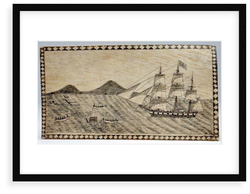 Scrimshaw wall picture, bone panel of whaling scene. by unknown