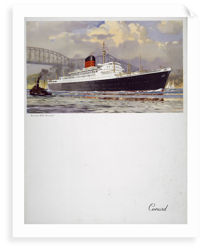 Front cover of Cunard menu featuring RMS 'Saxonia' with a tug alongside by unknown