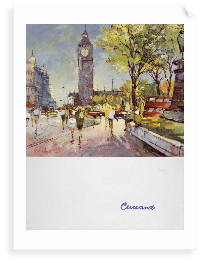 Front cover of Cunard menu featuring Big Ben and a red London bus by unknown