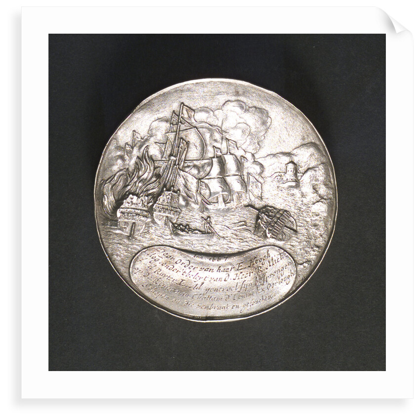 Medal commemorating the ships burnt in the Medway and Admiral de Ruyter, 1667; reverse by P. van Abeele