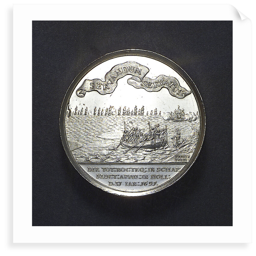 Medal commemorating the dangerous crossing of King William III and the triumphal entry into The Hague, 1691; reverse by J. Smeltzing