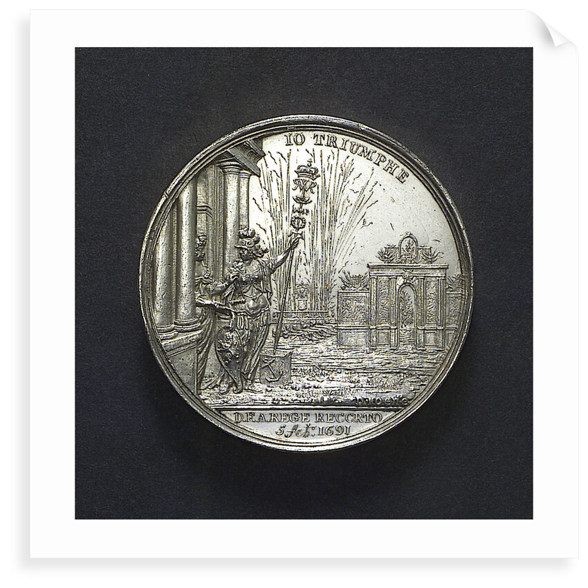 Medal commemorating the dangerous crossing of King William III and the fireworks at The Hague, 1691; reverse by D. Koene