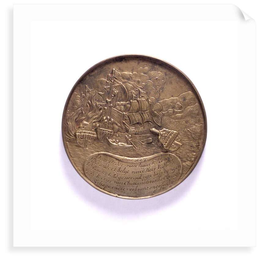 Medal commemorating ships burnt in the Medway and the proclomation of the peace of Breda, 1667; reverse by P.van Abeele