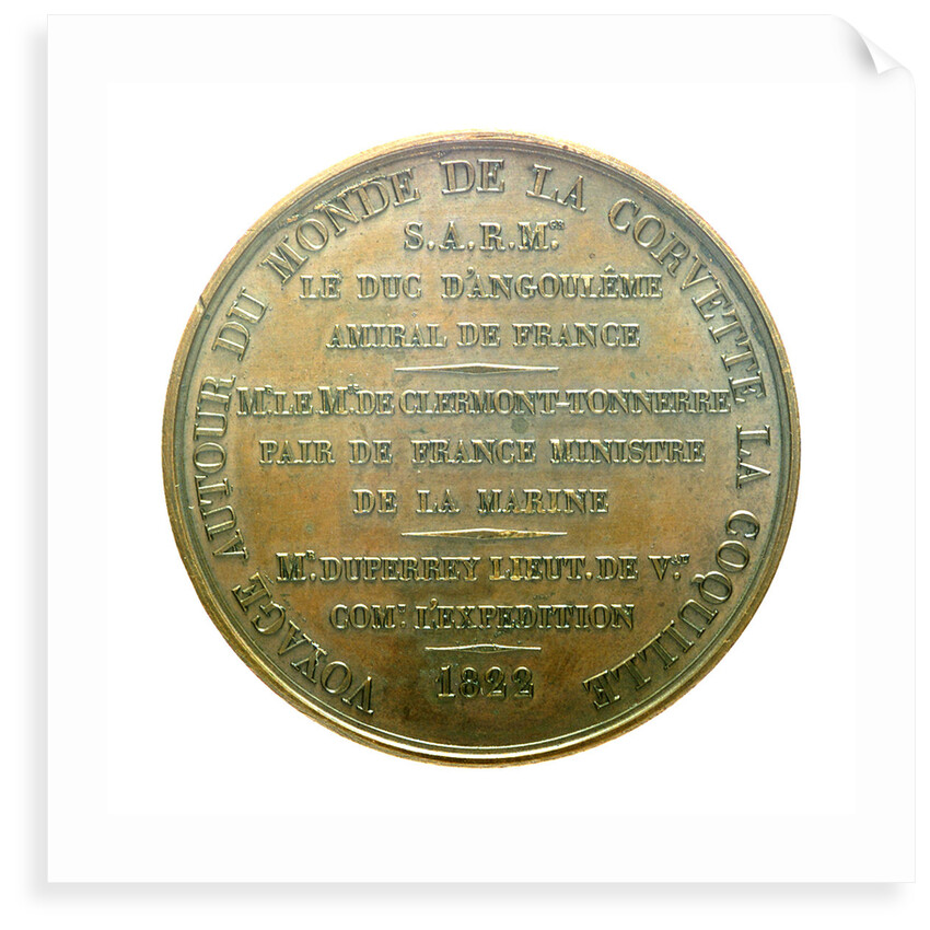 Medal commemorating the voyage of corvette, 'La Coquille', 1822; reverse by J.P. de Puymaurin