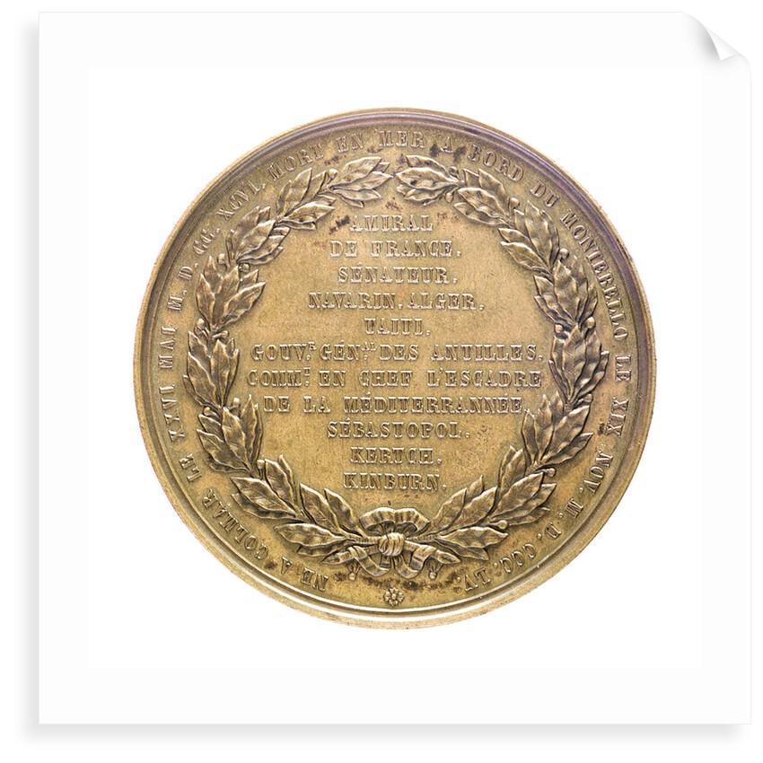Medal commemorating Admiral Armand Bruat (1796-1855); reverse by Valentin Maurice Borrel