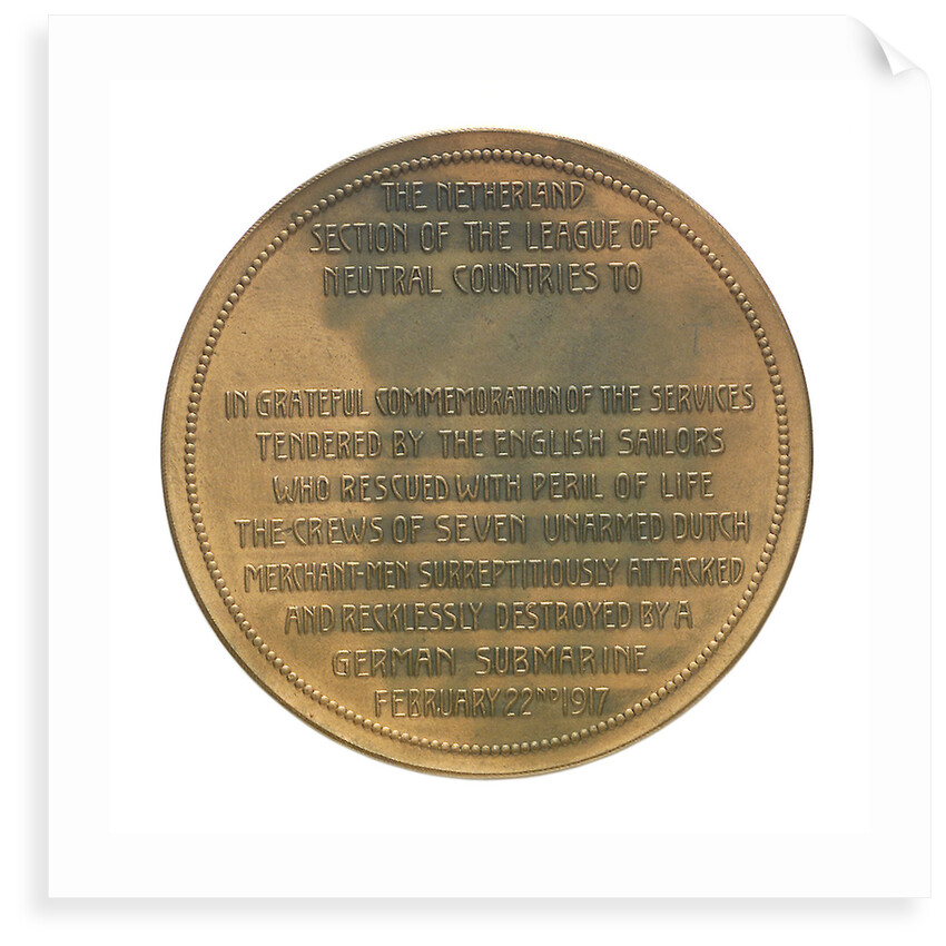 Medal commemorating the rescue of the crews of seven Dutch merchantmen; reverse by J.J. van der Goor