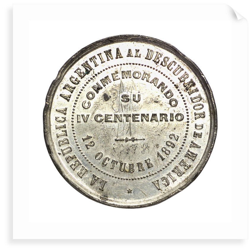 Medal commemorating the 400th anniversary of the discovery of America, 1892; reverse by Pdesta Bros