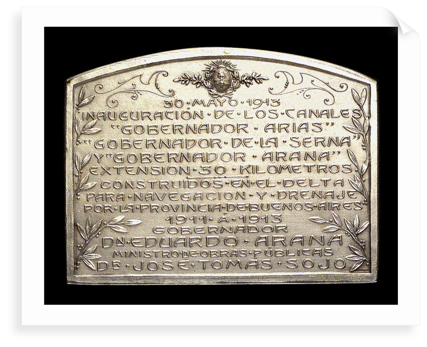 Plaque commemorating the inauguration of the canals Arias La Seina and Arana for navigation, 1913; reverse by J. J. Gottuzzo & Ca.