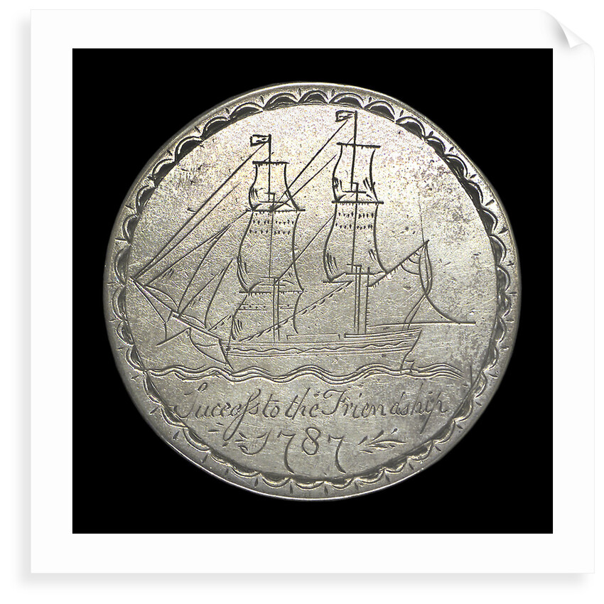 Engraved commemorative coin depicting convict ship 'Friendship'; obverse by unknown