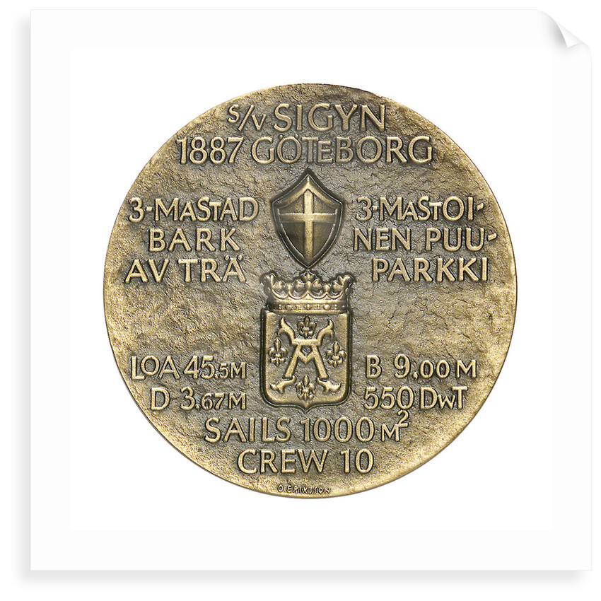 Commemorative medal depicting the three masted barque Sigyn - Abo Maritime Museum, Finland; reverse by O. Eriksson