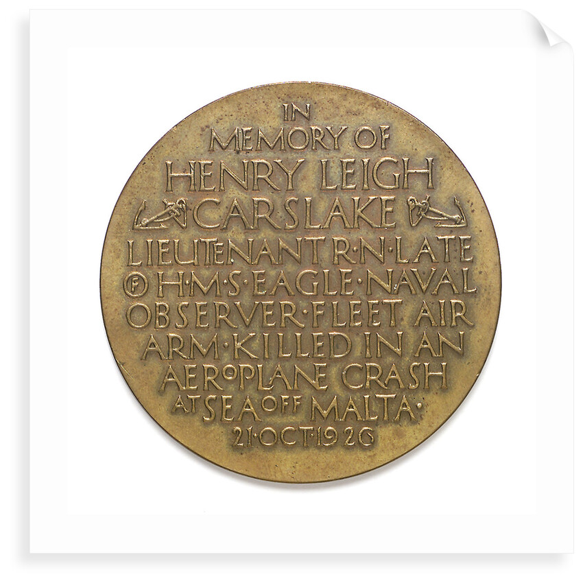 Medal commemorating the death of Lieutenant Henry Leigh Carslake, 1926; reverse by P. Metcalfe