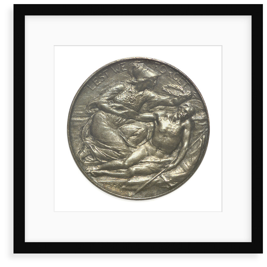 Commemorative medal bearing the words 'Lest We Forget'; obverse by A. Drury
