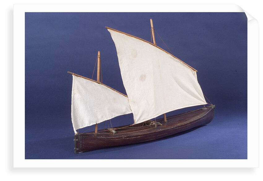 Full hull model, two masted open boat, starboard stern quarter by unknown
