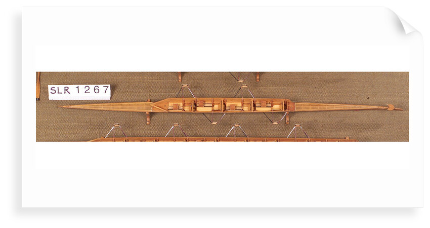 Full hull model, racing four shell, port broadside by unknown