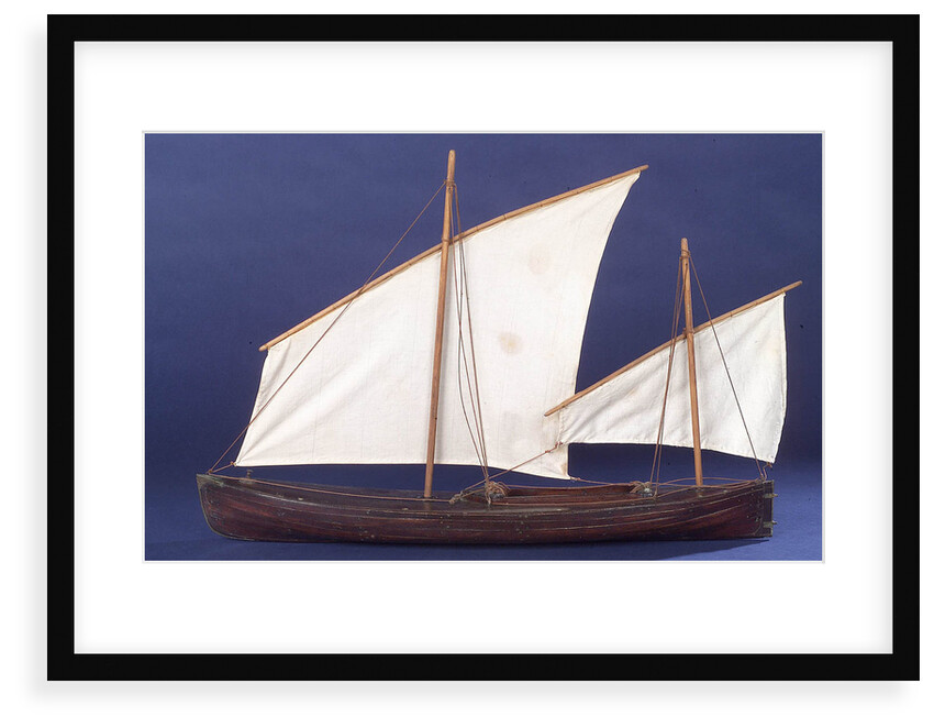 Full hull model, two masted open boat, port broadside by unknown