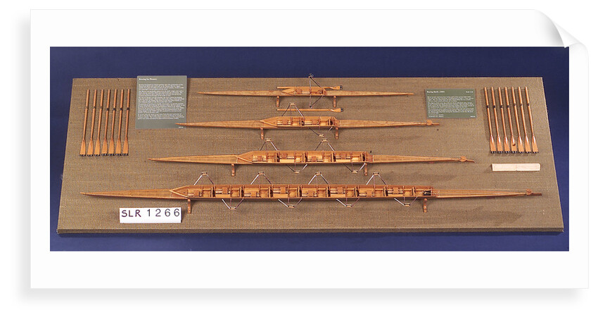 Full hull model, 8 oared racing vessel, port broadside by unknown