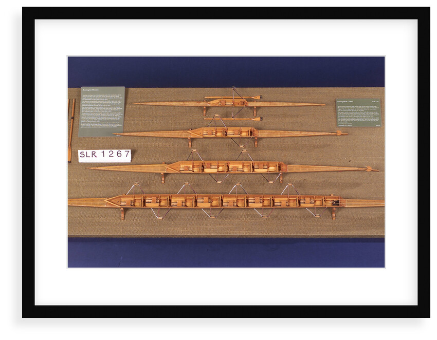 Full hull model, racing four shell, port broadside by unknown