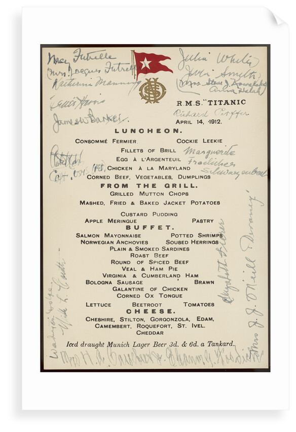 'Titanic' luncheon menu, signed by passengers, 14 April 1912 by unknown