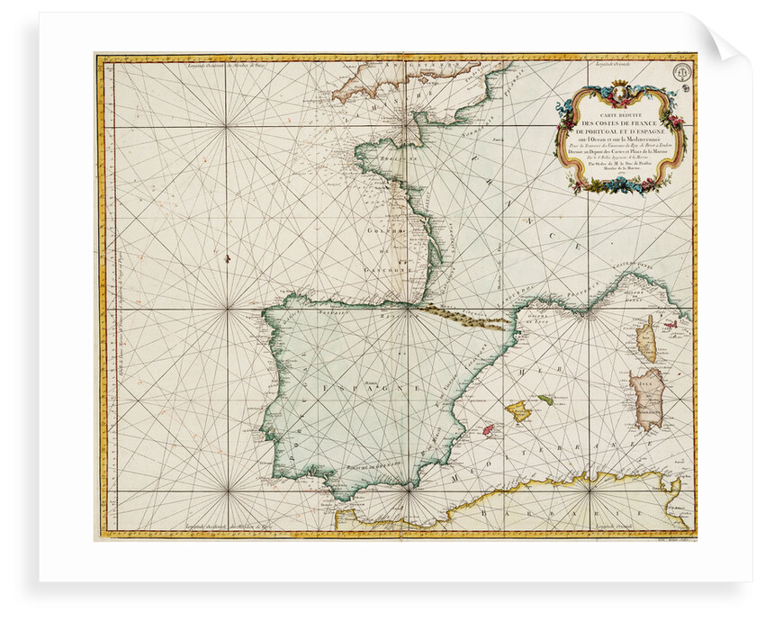Chart of western Europe showing Paris meridian as the Prime by Jacques Nicolas Bellin