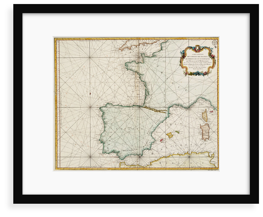 Chart of western Europe showing Paris meridian as the Prime by Jacques Nicolas Bellin