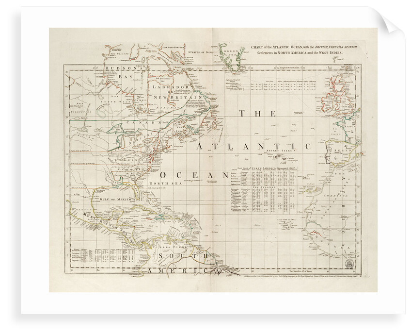 Chart of the Atlantic Ocean, with the British, French & Spanish settlements in North America and the West Indies by Thomas Jefferys