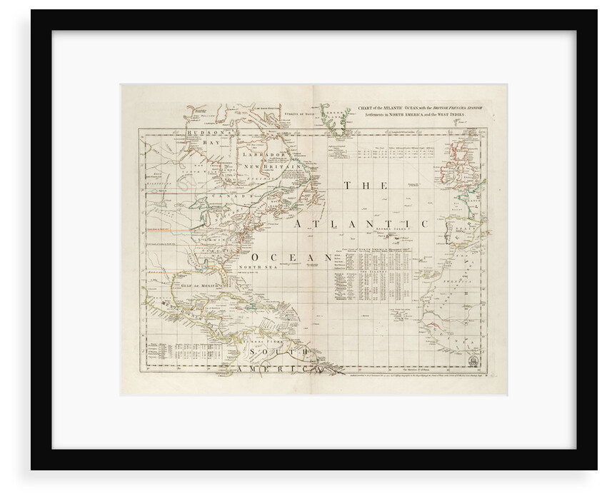 Chart of the Atlantic Ocean, with the British, French & Spanish settlements in North America and the West Indies by Thomas Jefferys