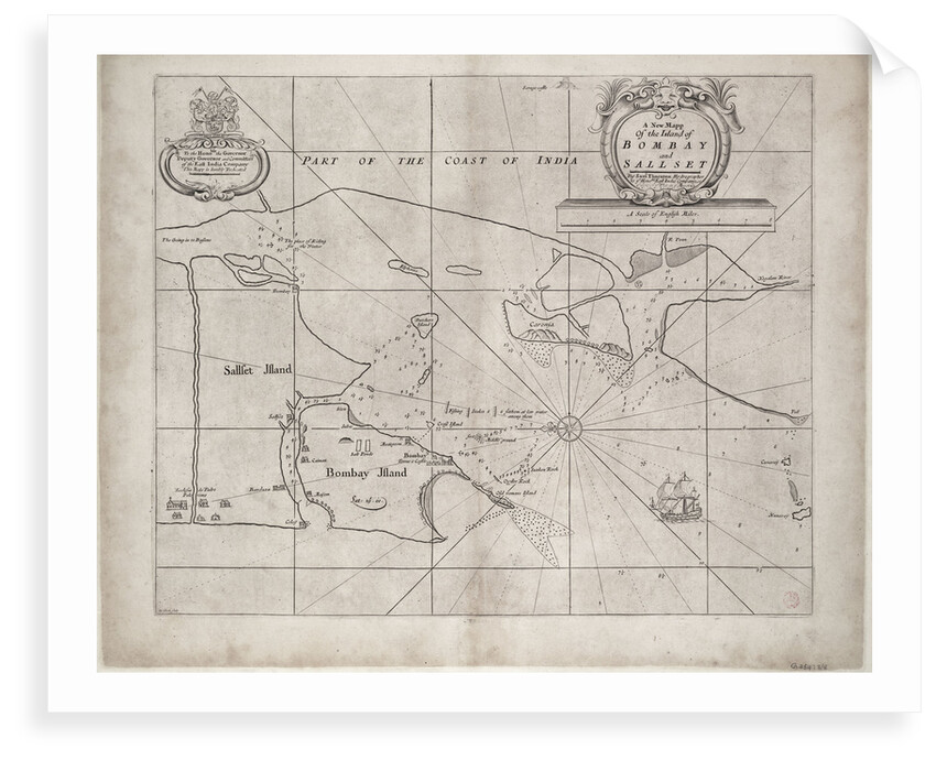 Map of Bombay and Sallset by Samuel Thornton, Hydrographer to the East India Company, first published circa 1685 by Samuel Thornton