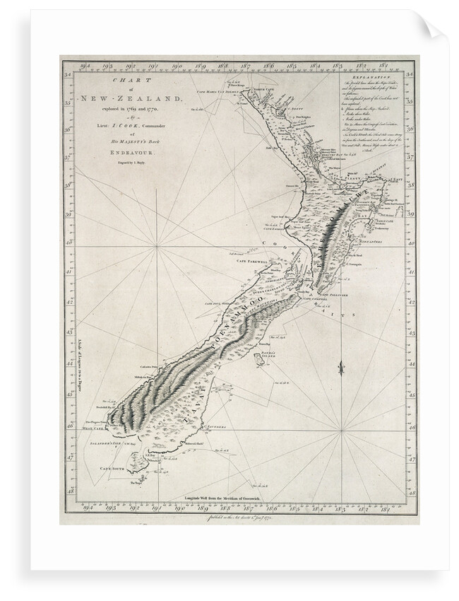 Chart of New Zealand, explored in 1769 and 1770 by Lieutenant J.Cook, Commander of His Majesty's Bark Endeavour by James Cook