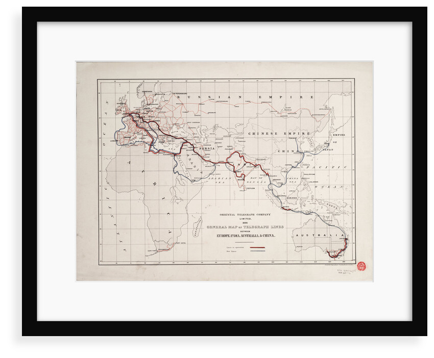 General map of telegraph lines between Europe, India, Australia, and China by Oriental Telegraph Company Ltd